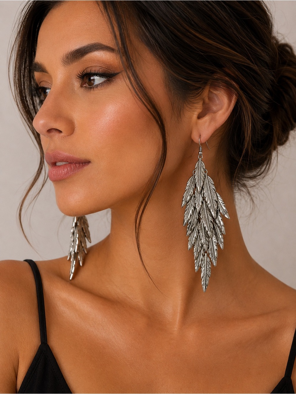 Silver Tone Lightweight Feather Western Boho Leaf Dangle Statement Earrings